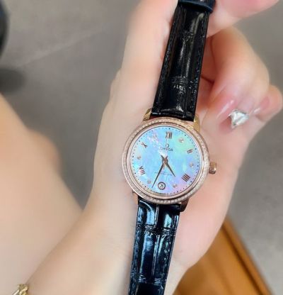 Omega 27/32MM Quartz Movement Green Dial Stainless Steel Black Strap Lady Watch